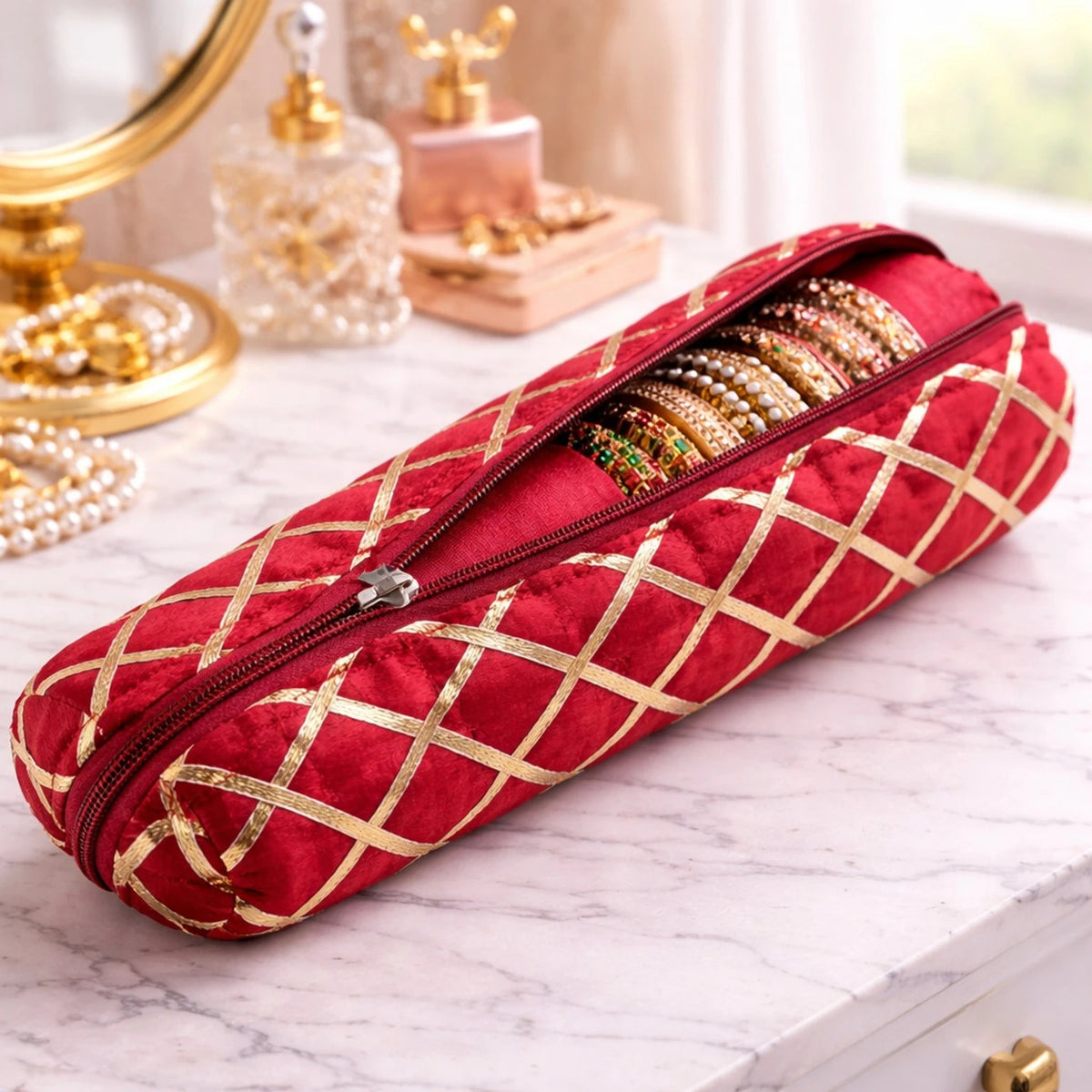 Mufasa Handicrafts Single Rod Bangle Pouch | Polyester Watch Organizer for Small Jewellery | Travelling Bracelets and Bangle Organizer with Zipper.
