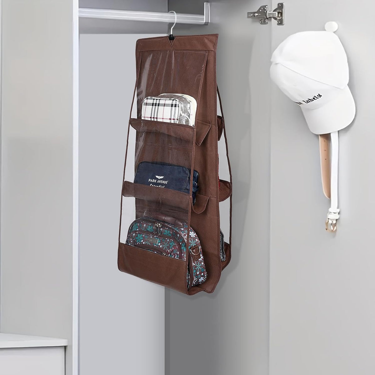 Mufasa 6 Pocket Hanging Purse & Handbag Organizer, Foldable Large Clear Storage Bag, Anti-Dust Closet & Wardrobe Organizer