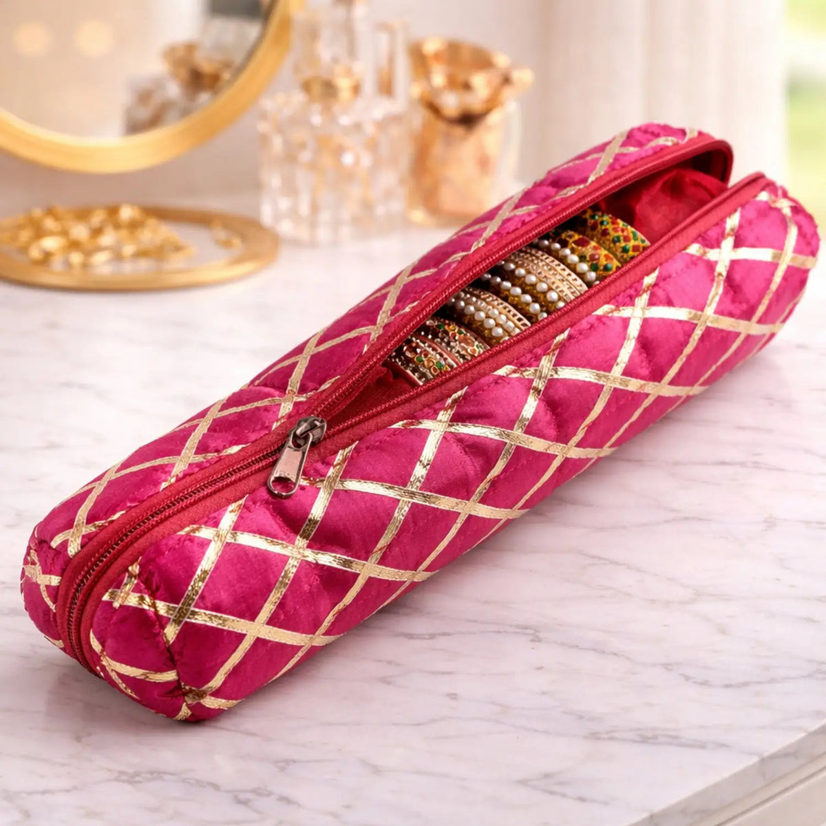 Mufasa Handicrafts Single Rod Bangle Pouch | Polyester Watch Organizer for Small Jewellery | Travelling Bracelets and Bangle Organizer with Zipper.