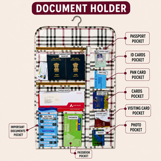 Multi-Utility Hanging Document Organizer Multi Pocket Holder for Passport, Aadhar Card, Voter ID, and Important Documents Stylish Checks Design for Space-Saving Storage