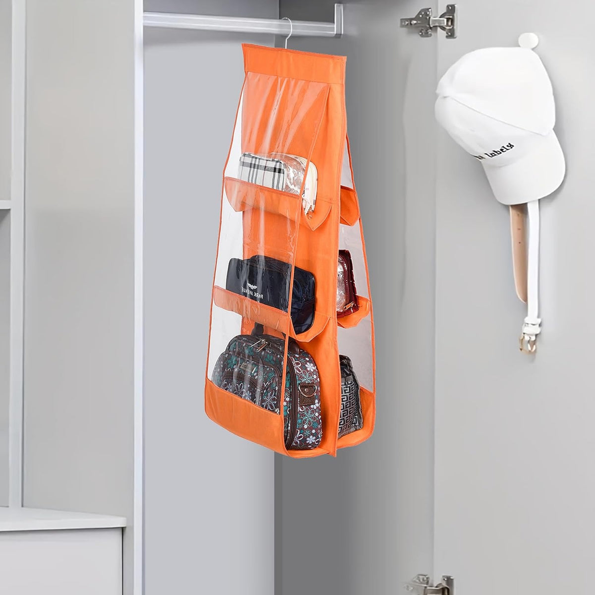 Mufasa 6 Pocket Hanging Purse & Handbag Organizer, Foldable Large Clear Storage Bag, Anti-Dust Closet & Wardrobe Organizer