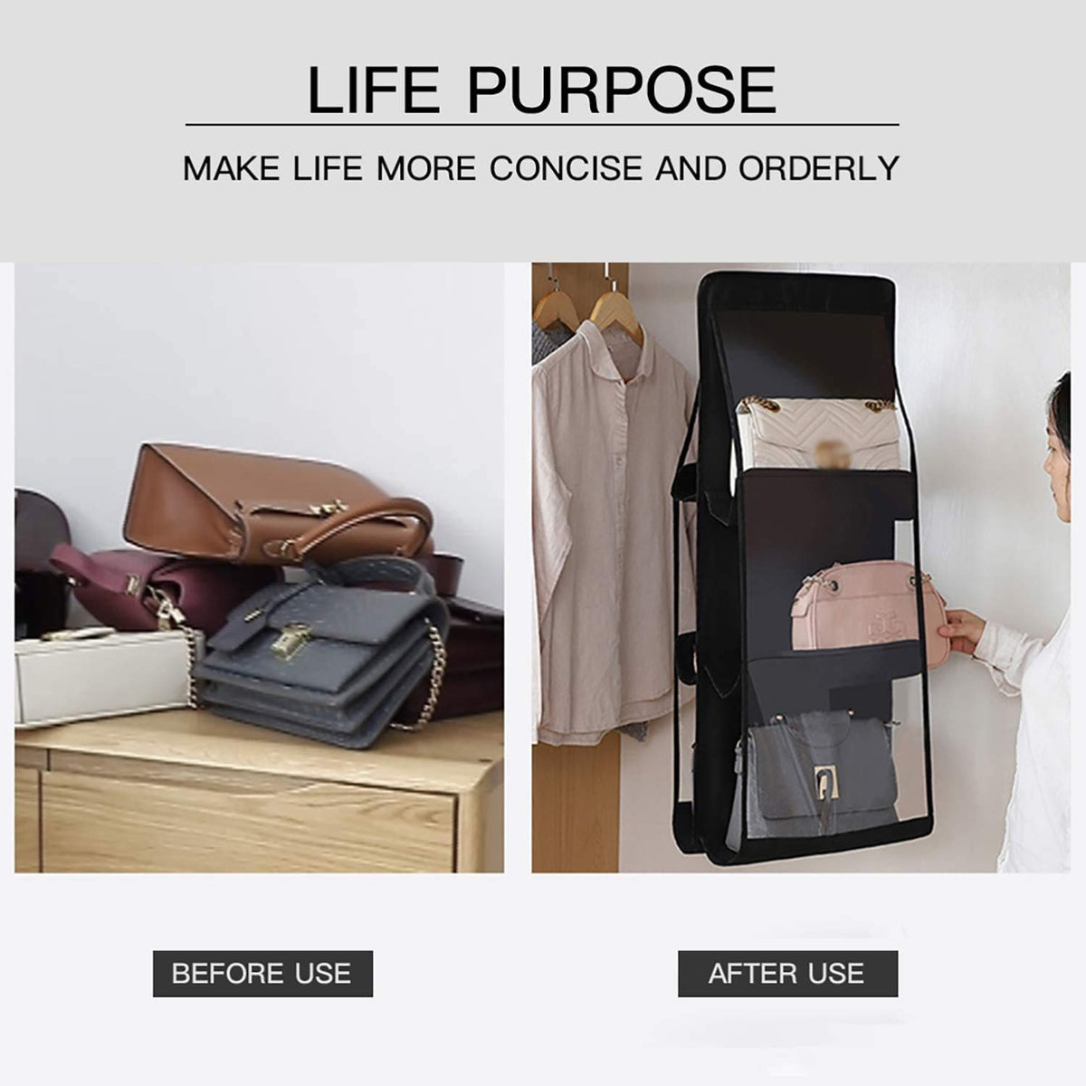 Mufasa 6 Pocket Hanging Purse & Handbag Organizer, Foldable Large Clear Storage Bag, Anti-Dust Closet & Wardrobe Organizer