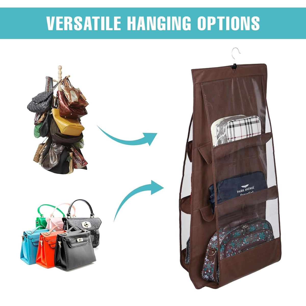 Mufasa 6 Pocket Hanging Purse & Handbag Organizer, Foldable Large Clear Storage Bag, Anti-Dust Closet & Wardrobe Organizer