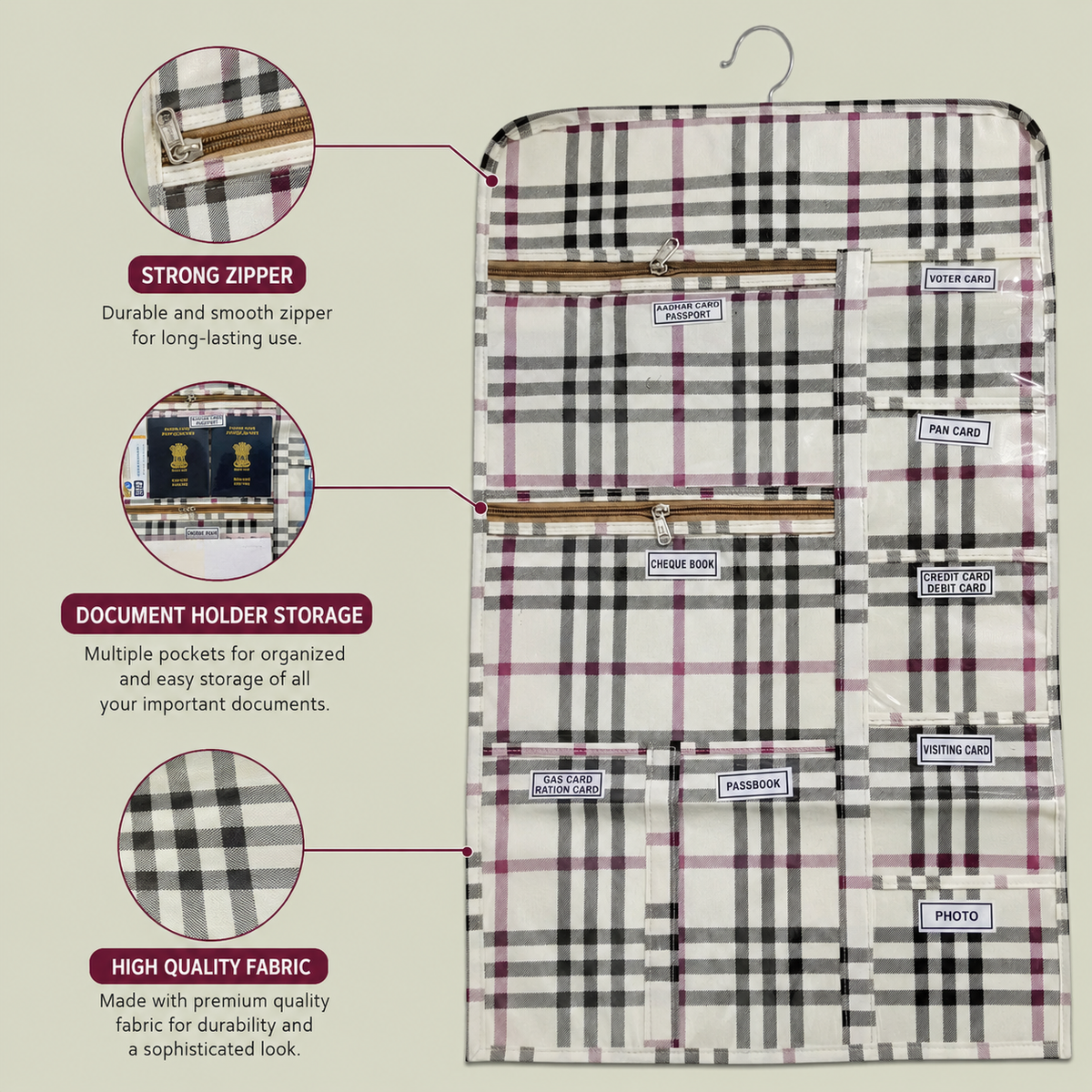 Multi-Utility Hanging Document Organizer Multi Pocket Holder for Passport, Aadhar Card, Voter ID, and Important Documents Stylish Checks Design for Space-Saving Storage