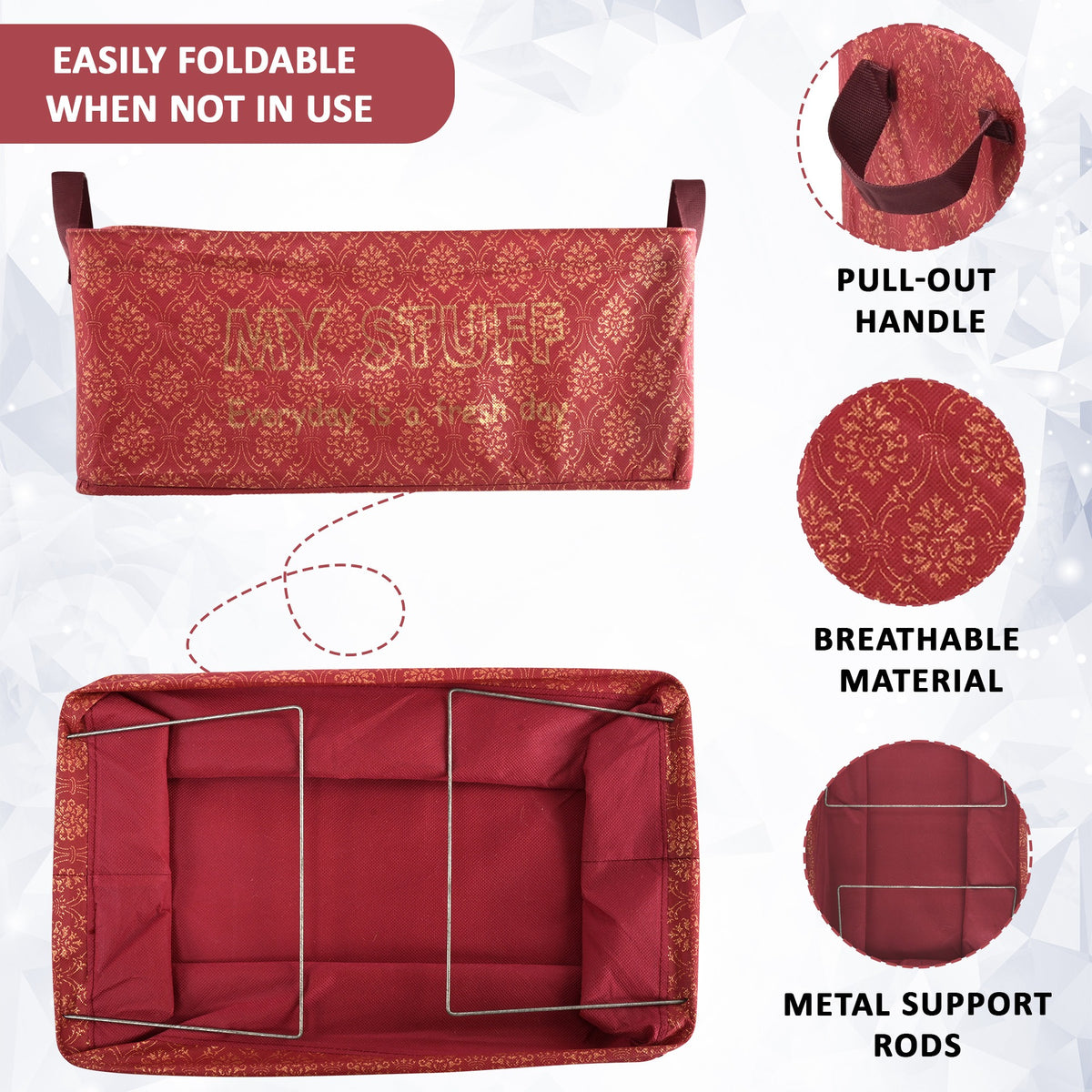 Mufasa 26L Open Storage Box with Handle | Breathable Fabric Storage Organizer with Metal Support Rods | Multipurpose Storage for Clothes, Toys & Books