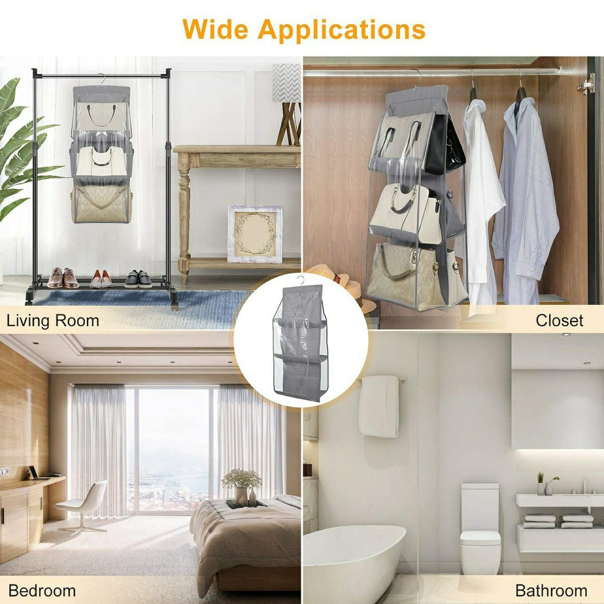 Mufasa 6 Pocket Hanging Purse & Handbag Organizer, Foldable Large Clear Storage Bag, Anti-Dust Closet & Wardrobe Organizer