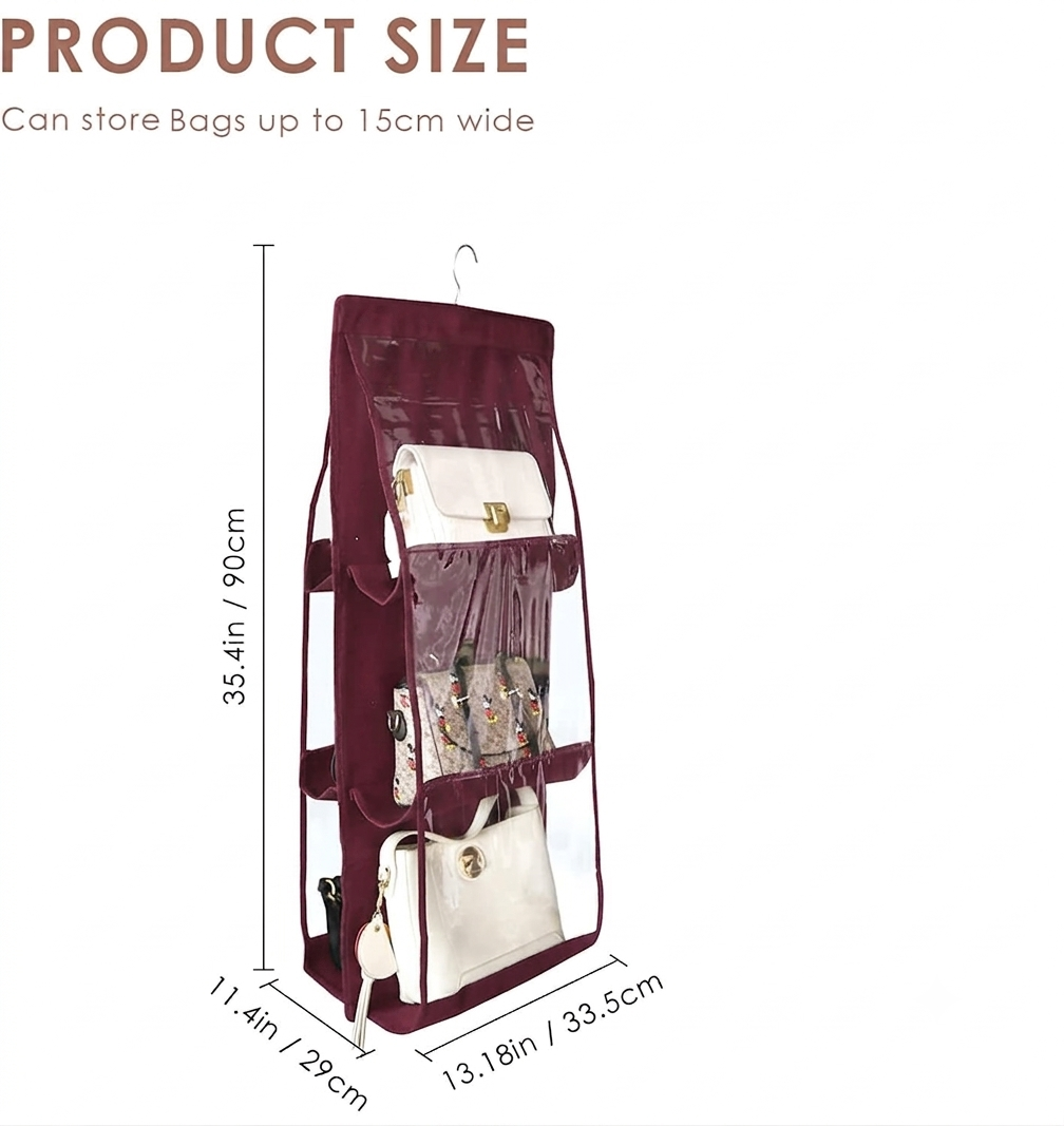 Mufasa 6 Pocket Hanging Purse & Handbag Organizer, Foldable Large Clear Storage Bag, Anti-Dust Closet & Wardrobe Organizer