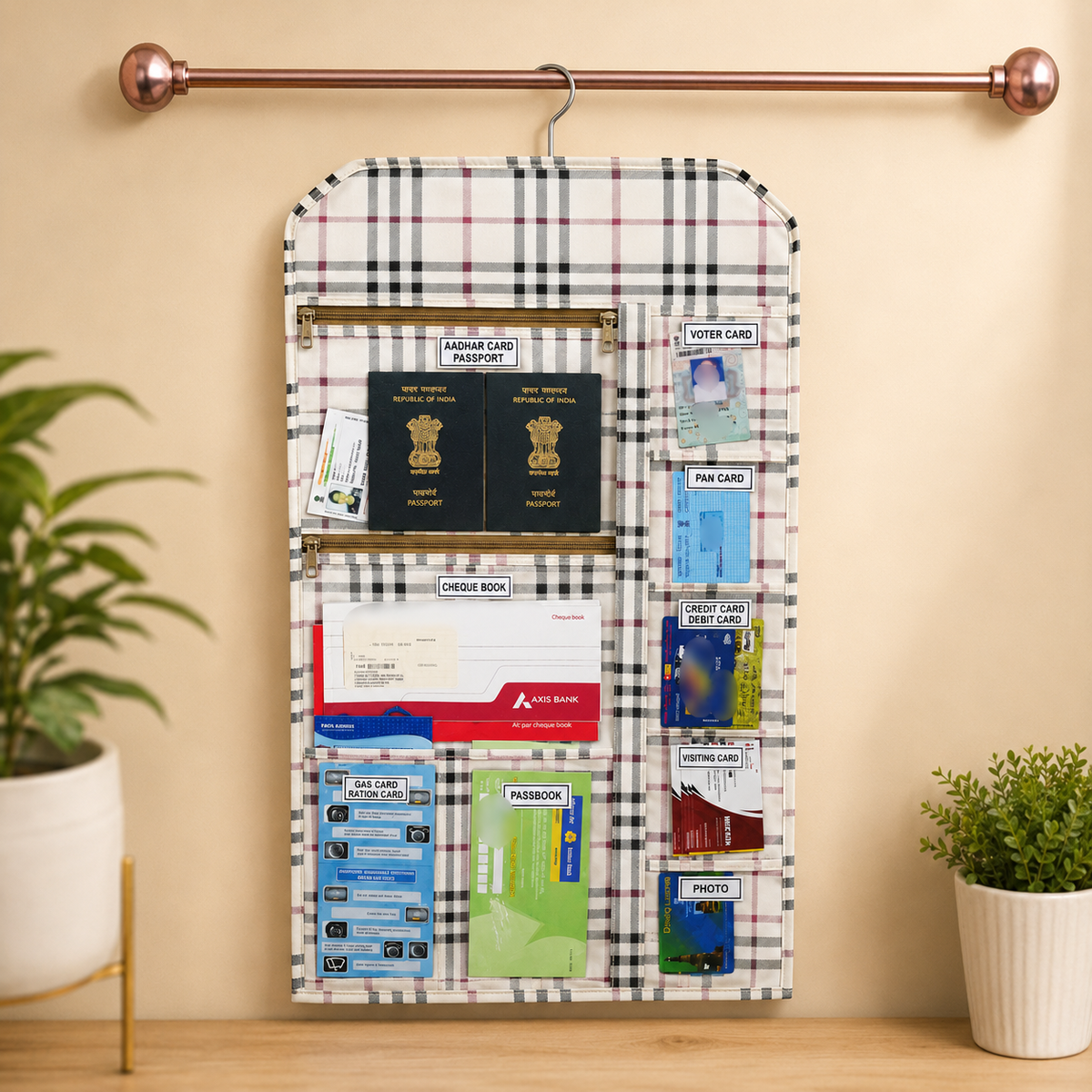 Multi-Utility Hanging Document Organizer Multi Pocket Holder for Passport, Aadhar Card, Voter ID, and Important Documents Stylish Checks Design for Space-Saving Storage