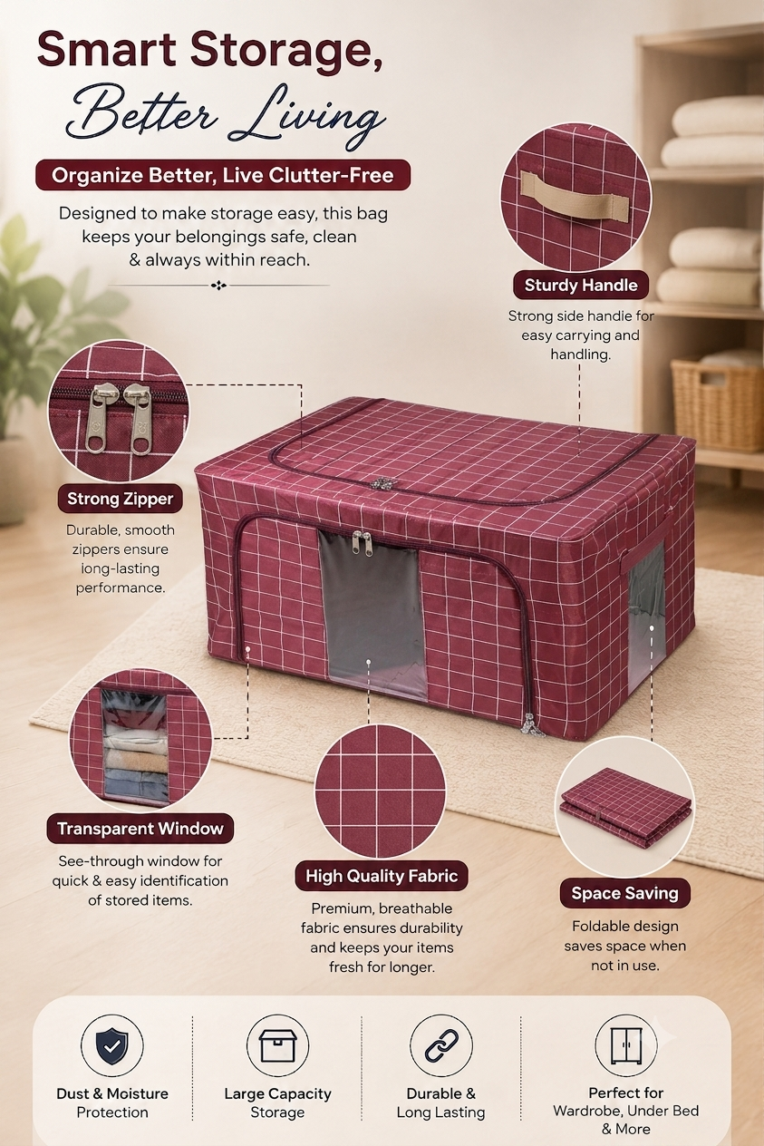 Mufasa 66L Steel Frame Double Opening Zipped Storage Organiser Bag with Window | Folding Under Bed Closet Wardrobe Box | 66 LTR | Maroon