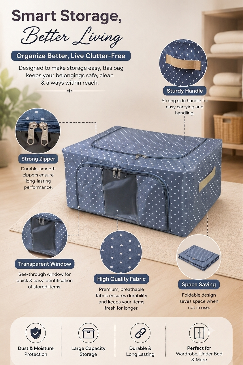 Mufasa 24L Foldable Storage Box | Dot Print Fabric Organiser for Home