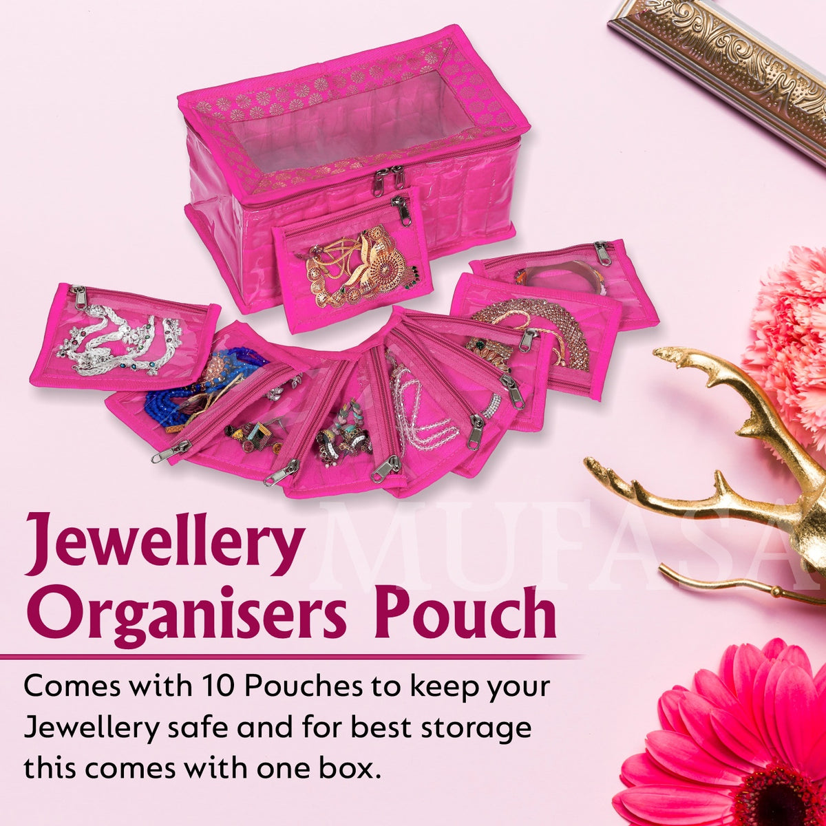 Mufasa 10 Pocket Jewellery Organiser with Individual Pouches | Handcrafted Jewellery Storage