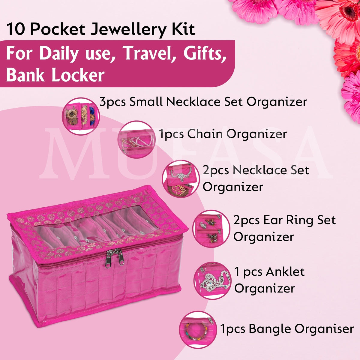 Mufasa 10 Pocket Jewellery Organiser with Individual Pouches | Handcrafted Jewellery Storage